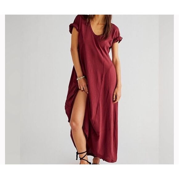 Free Peolpe Beach Meadow tee maxi dress in wild Garnet XS with pockets - Picture 9 of 9